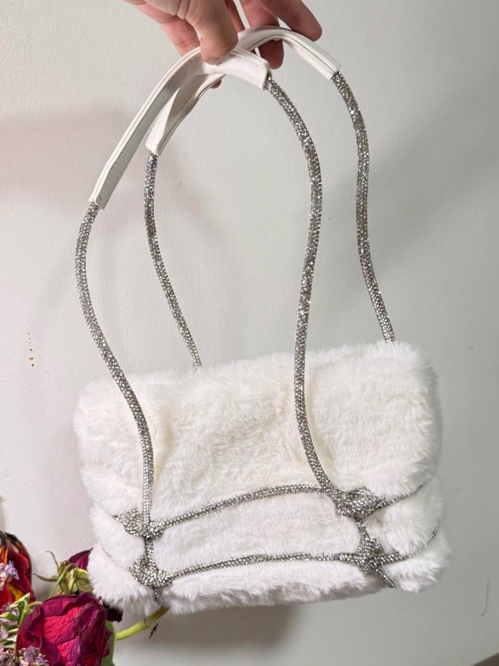 White Faux Fur Mini Shoulder Bag with Rhinestone Straps